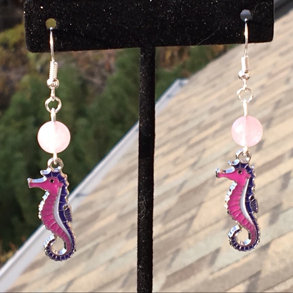 PeaceFrog Jewelry - SALE Pink Rose Quartz Purple Seahorse Earrings